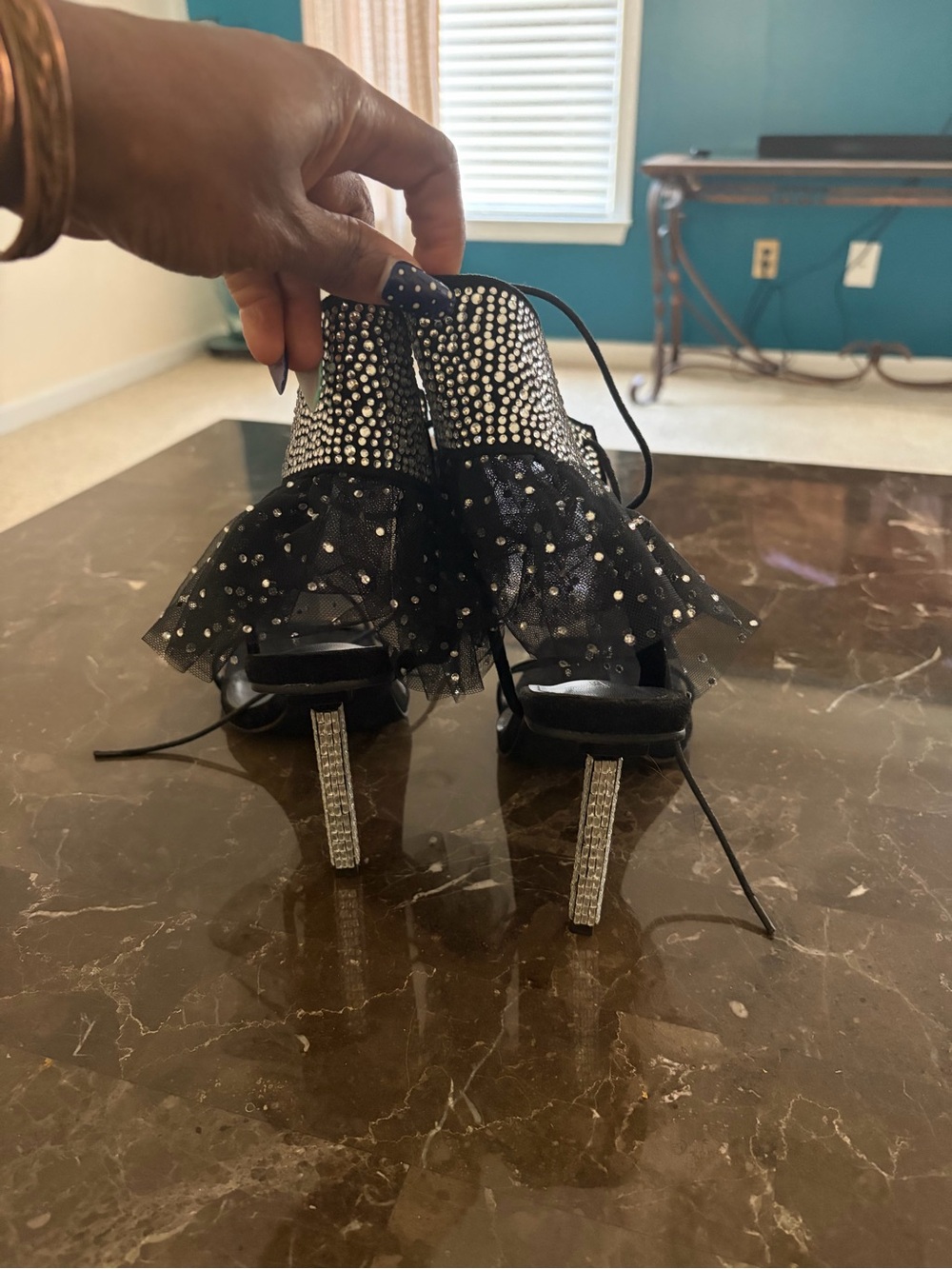 Black Rhinestone Tulle High Heel Sandals